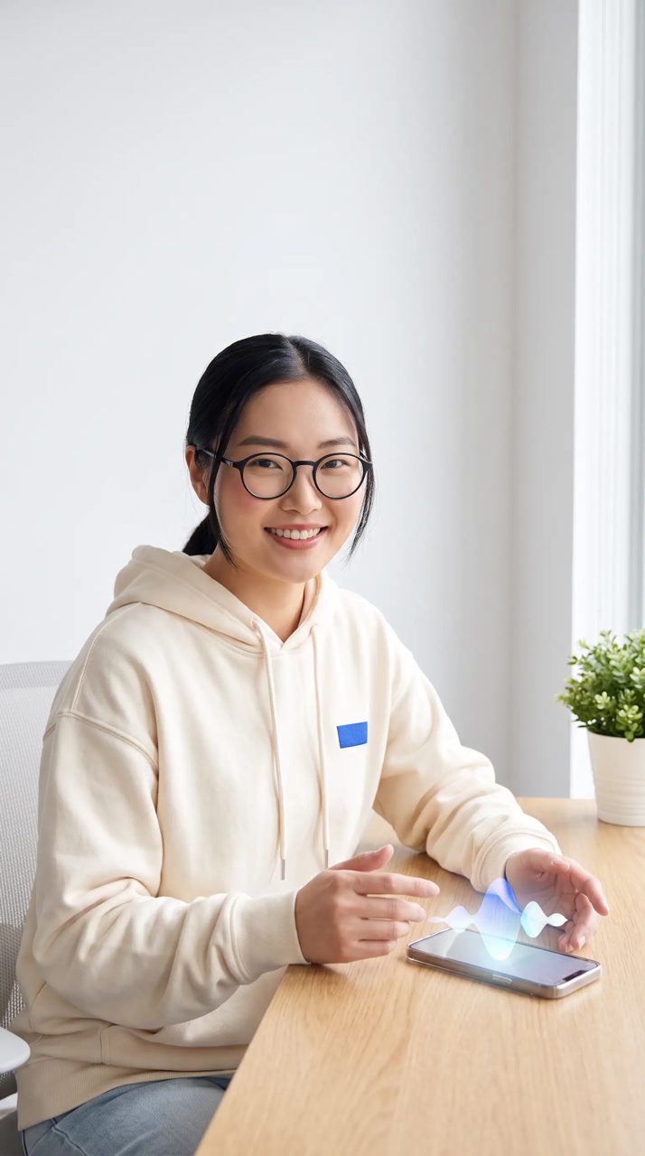AI-generated presenter Jade smiling at a desk while a glowing voice icon rises from a phone, suggesting an AI receptionist answering a call