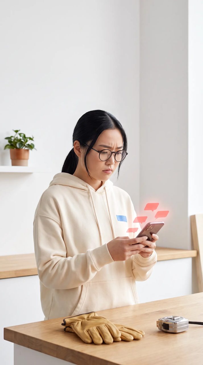 AI-generated presenter Jade frowning at her phone as missed-call alerts pop up, with work gloves on the counter