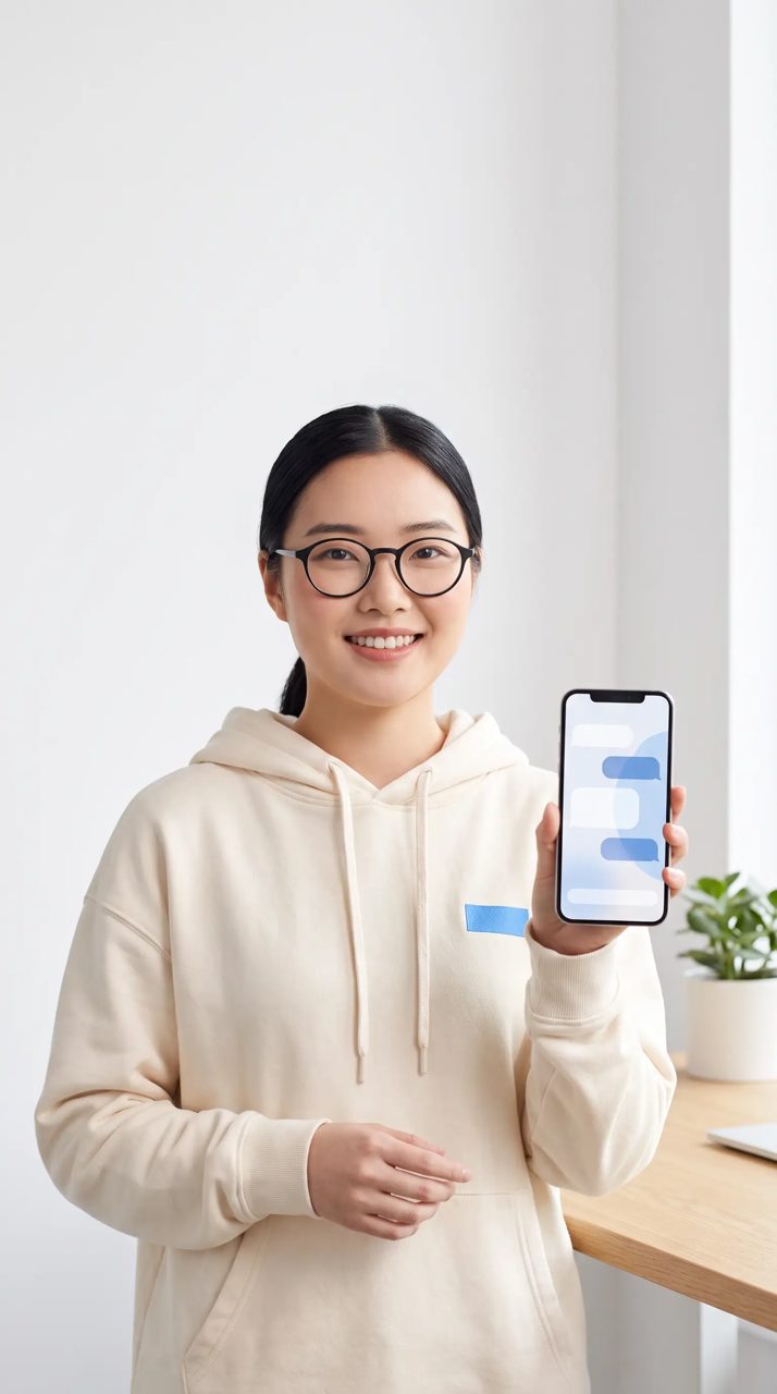 AI-generated presenter Jade holding up a phone that shows a text message conversation