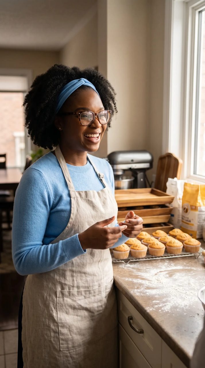 AI-generated character Naomi, a fictional home baker in a blue sweater and apron, smiling beside a rack of muffins in a bright kitchen