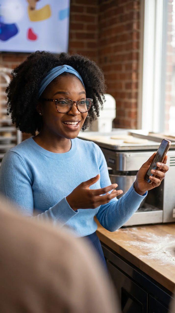 AI-generated character Naomi, a fictional baker, holding up her phone and talking in a brick-walled kitchen with trays of dough behind her