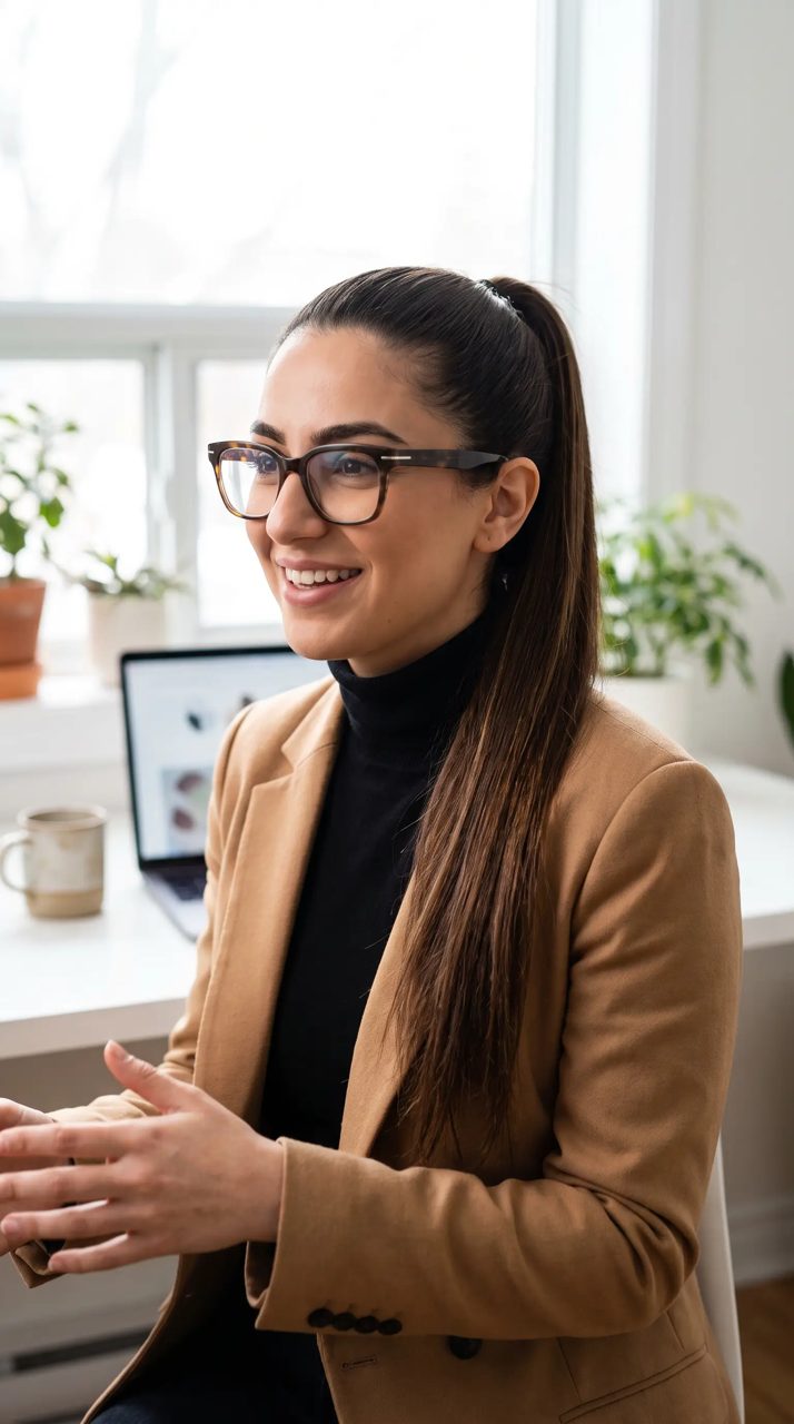 AI-generated character Zara, a fictional marketing studio owner in glasses and a camel blazer, smiling at a desk with a laptop and plants by the window
