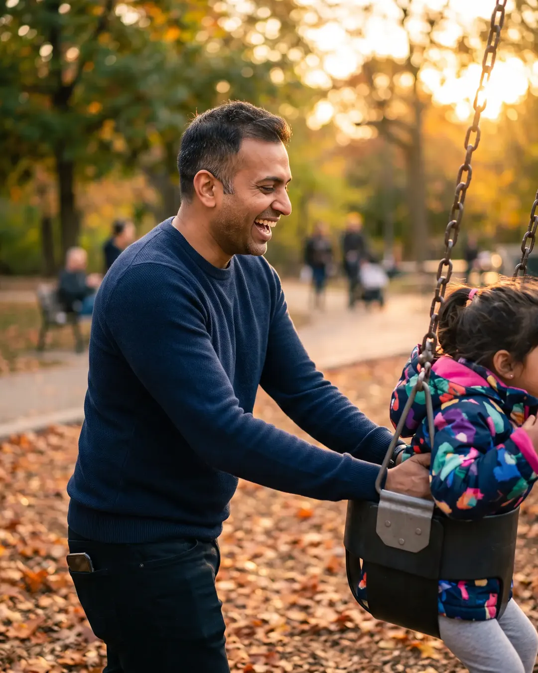 Store owner at the park with his daughter while his orders are handled