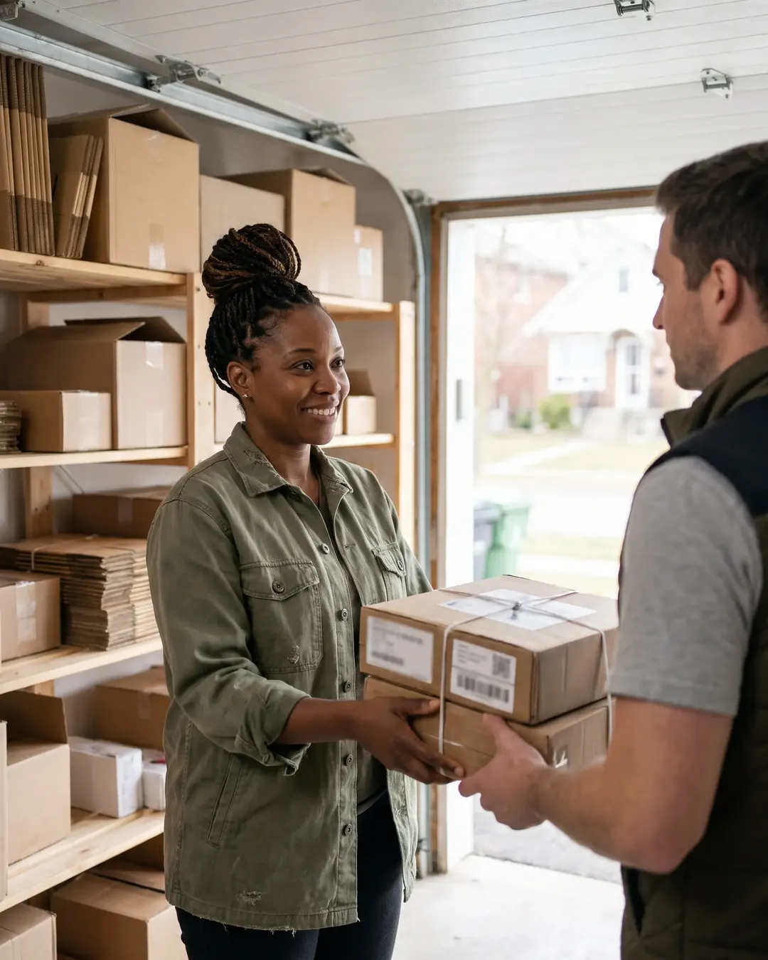Store owner handing parcels to a courier