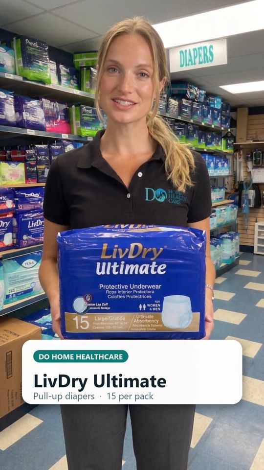 Still from the LivDry Ultimate vertical video ad produced by Nova Toronto: a presenter holding the product in a healthcare store aisle